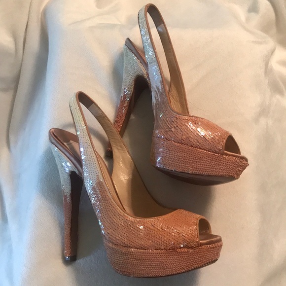 Prada sequin nude platform open toe sling backs. - Picture 3 of 4